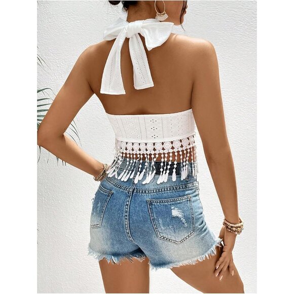 Women's Cropped Tank Top Polyester Slim Fit Halter Tassel Casual Wear - Picture 2 of 7